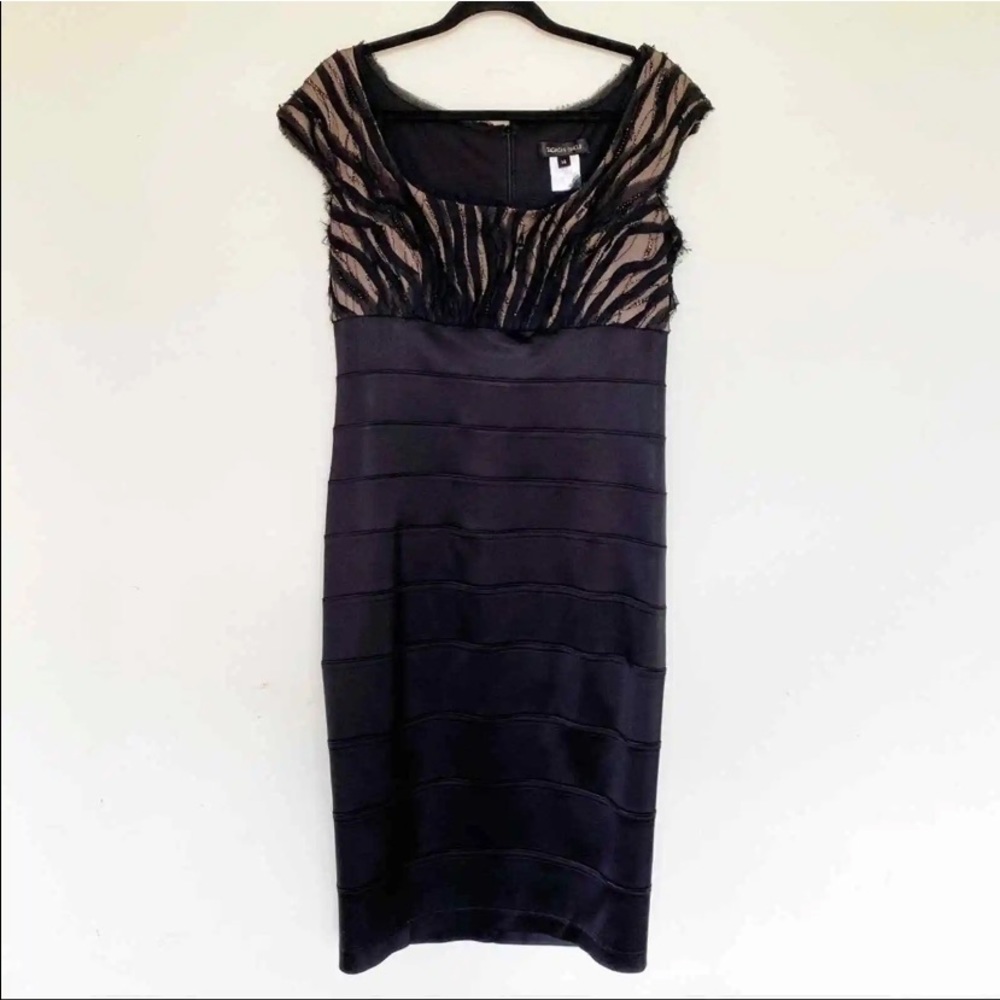 Tadashi Shoji lace beaded elegant cocktail dress, size 14, black, cap sleeves